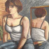 Pastel on muslin, portrait reflected in mirror